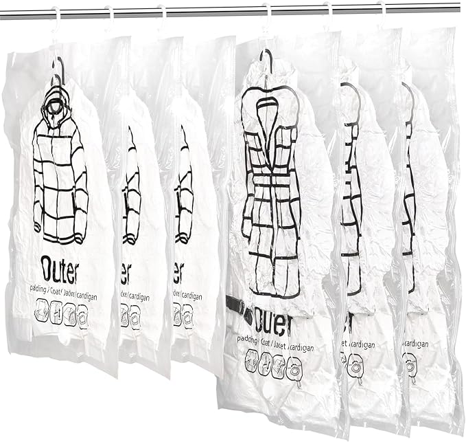 6PCS Hanging Vacuum Storage Bags Reusable Space Saver Clothes Vacuum Sealer Bags 26x35"＆26x39" Moisture-Proof Cloth Storage for Dress, Winter Coats