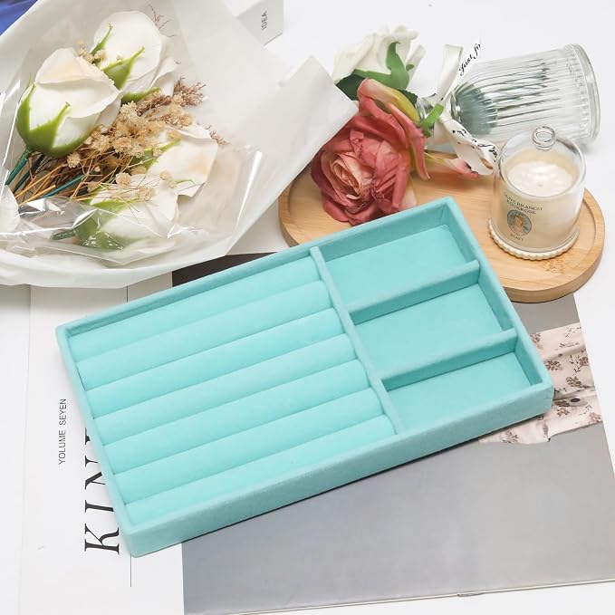 Velvet Jewelry Trays for Drawers, Blue Stackable Jewelry Drawer Organizer Inserts, Ring Earring Necklace Bracelet Holder Organizer Storage Display Tray with Removable Dividers, 2-in-1