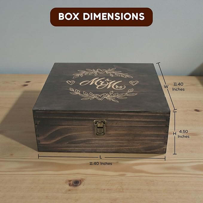 Mr and Mrs Wedding Memory Box- Wooden Keepsake Box with Lid for Couples, Rustic Storage Box for Cards, Photos & Mementos, Anniversary & Engagement Gift- 11.4x11.4x4.5 Inches