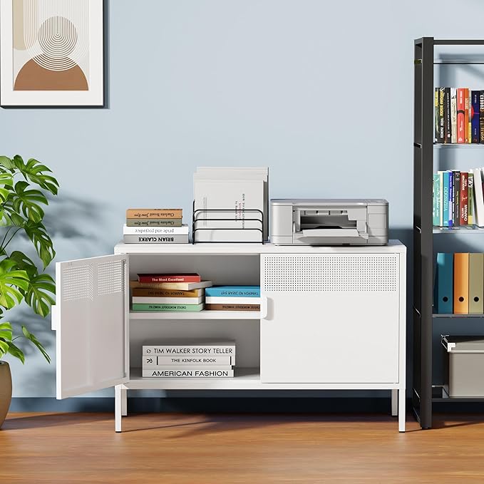 Ustamio White Metal Locker Storage Cabinet with Adjustable Shelf, Low Metal Storage Cabinet for Home Office, 2 Door Small Decorative Metal Locker Tv Stand Cabinet