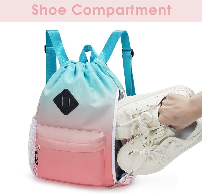 WANDF Drawstring Backpack with Shoe Compartment, Sports Gym Bag | Multi-Pocket Storage, Water-Resistant Fabric, Cinch String Bag