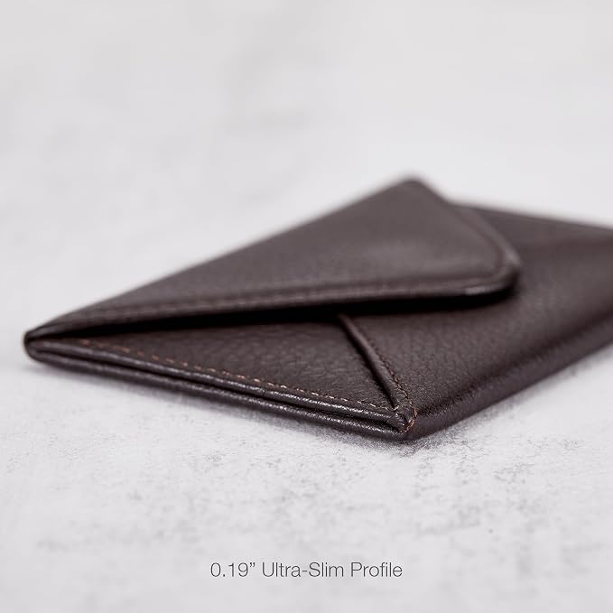 HISCOW Italian Pebbled Leather Business Card Holder, Minimalist Full Grain Envelope Card Case with Hidden Magnetic Closure, 0.19 Inch Slim Front Pocket Wallet for Men and Women, Espresso