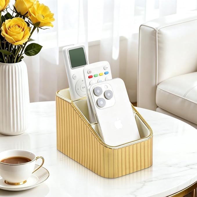 Remote Control Holder, PU Leather Nightstand Organizer, Gold | 3-compartment Remote Bedside Caddy, Soft Velvet Lining, Small Desk Organizer for Remote/Pen/Glasses/Phone