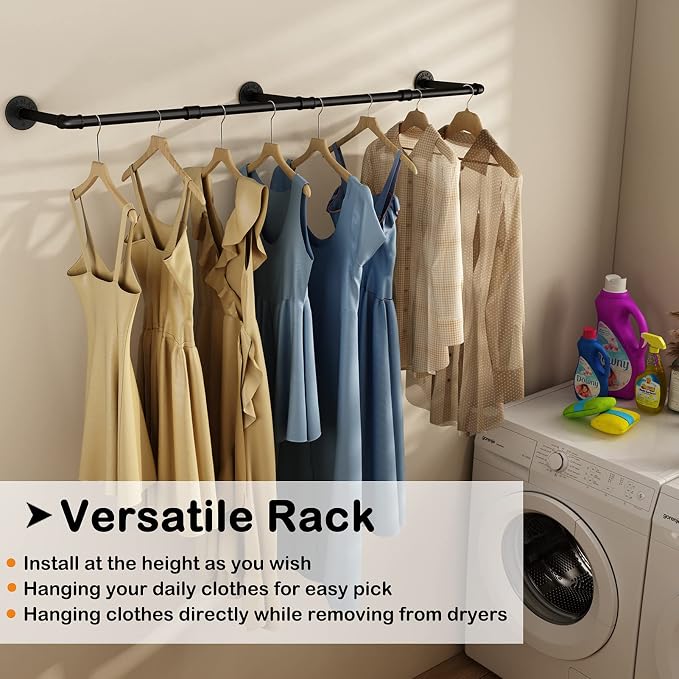 Wall Mounted Clothes Rack 60in, Industrial Pipe Clothing Racks Wall Mount, Heavy Duty Detachable Iron Garment Bar, Saving Space, Multi-Purpose Hanging Rod for Bedroom, Laundry Room, 1 Pack