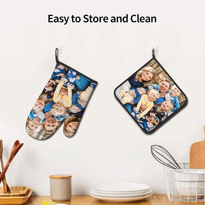Custom Oven Mitts and Pot Holders Personalized with Your Face, Baking Gifts for Women for Kitchen Cooking, BBQ, Grillin-Style3, 1 Oven Mitts+ 1 Pot Holders