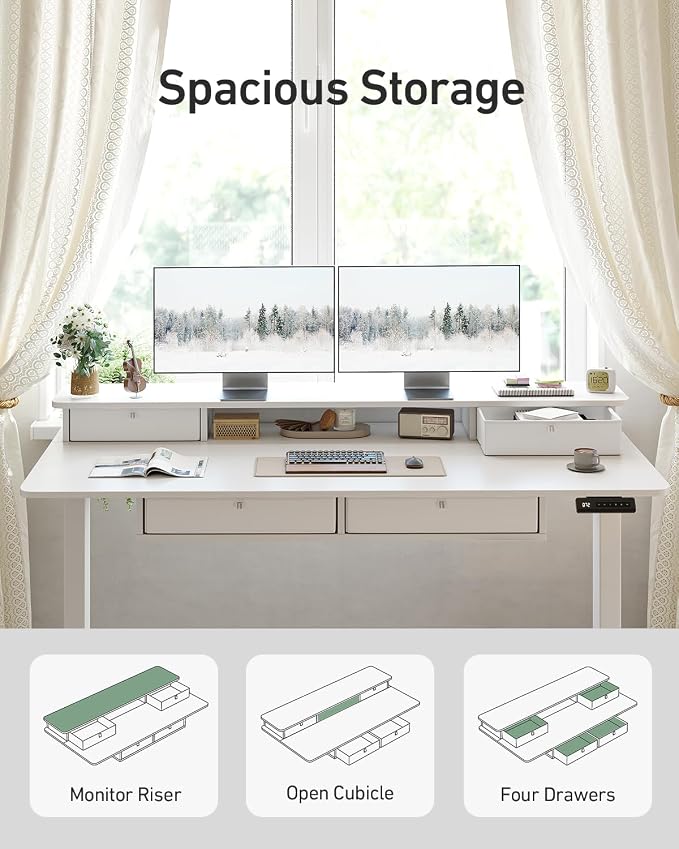 FEZIBO 48 x 24 inch Standing Desk with Drawers, Height Adjustable Electric Workstation, Computer Sit Stand Up Table with Large Storage Shelf 4 Drawers and 2 Hooks, White