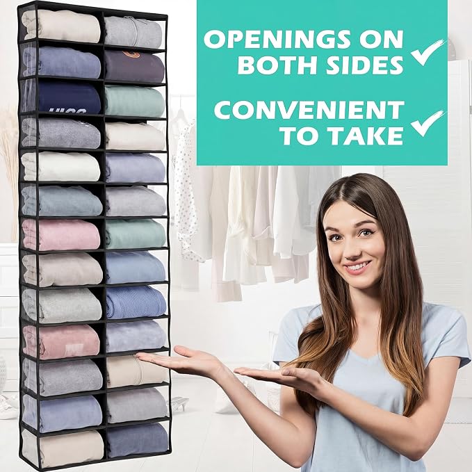 Over The Door Hoodie Organizer 26 Clear Pocket Sweatshirt Organizer with 3 Hooks Hanging Sweatshirt Hoodie Rack Holder Cabinet Behind The Doors for Dormitory Bedroom Closet Storage(Black)