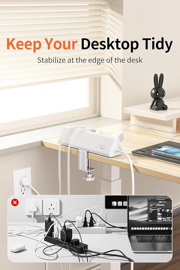 6.5 FT Desk Clamp Power Strip with 5 AC Outlets & 6 USB Ports PD 40W USB-C Fast Charging, Extension Cord with Multiple Outlets, Fits 2.1 in top Edge White