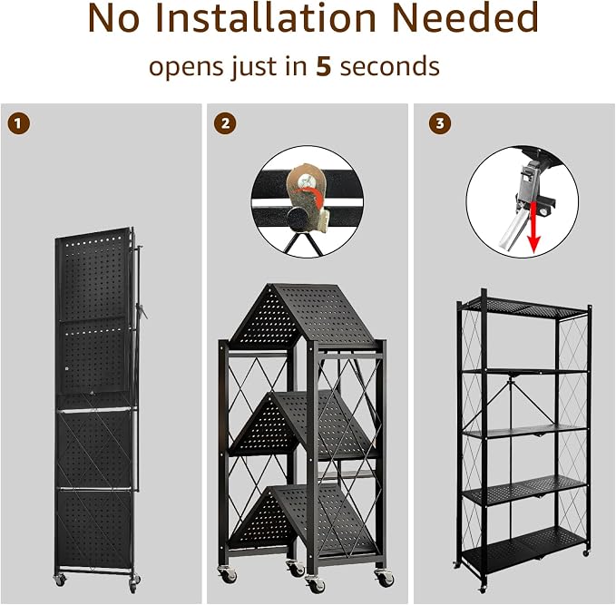 Heavy Duty 5-Tier Foldable Storage Shelf with Locking Wheels, No Assembly Metal Shelving Unit, Space-Saving Organizer for Garage, Kitchen, Basement, Pantry, 28" x 14" x 62", Black (1)