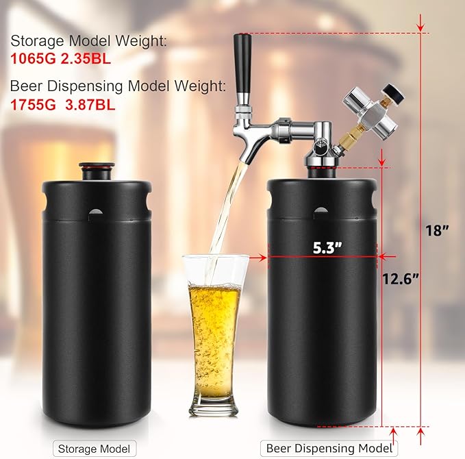 Hgkeke128OZ Mini Keg Growler,Stainless Steel Beer Keg Tap System Portable Draft Beer Dispenser to Keep Fresh and 55PSI CO2 Pressure Growler Carbonation, Beer Tap System for Homebrew,Camping,BBQ(Black)