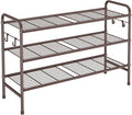 VILICK 3 Tier Shoe Rack 33" Wide Metal Shoe Organizer Long Shoe Storage with 4 Side Hooks Sturdy Shoes Shelf for Front Door Entrance, Closet, Garage, Dorm, Brown
