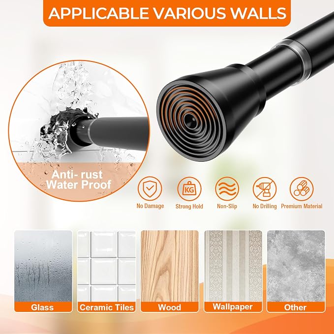 Tension Curtain Rod for Window 30 to 64 Inch 7/8" Diameter Adjustable Spring Loaded Curtain Rods No Drilling Black Tension Rods for Doorway Closet Door Kitchen Bathroom