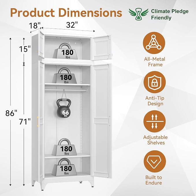 Polup Metal Armoire Closet, 86 Inch Tall Wardrobe Armoire with Hanging Rod, Almirah for Clothes with Doors, 18" D x 32" W x 86" H, White, Assemble Required, Shipped in Two Packages