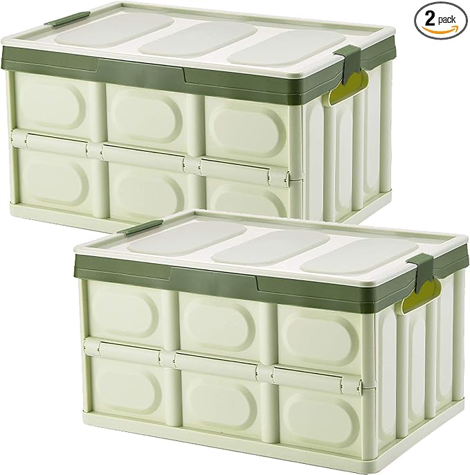 Lidded Storage Bins 2 Pack 30L Collapsible Storage Box Crates Plastic Tote Storage Box Container Stackable Folding Utility Crates for Clothes Books Snack Shoe Bag and Grocery Storage Bin-Green