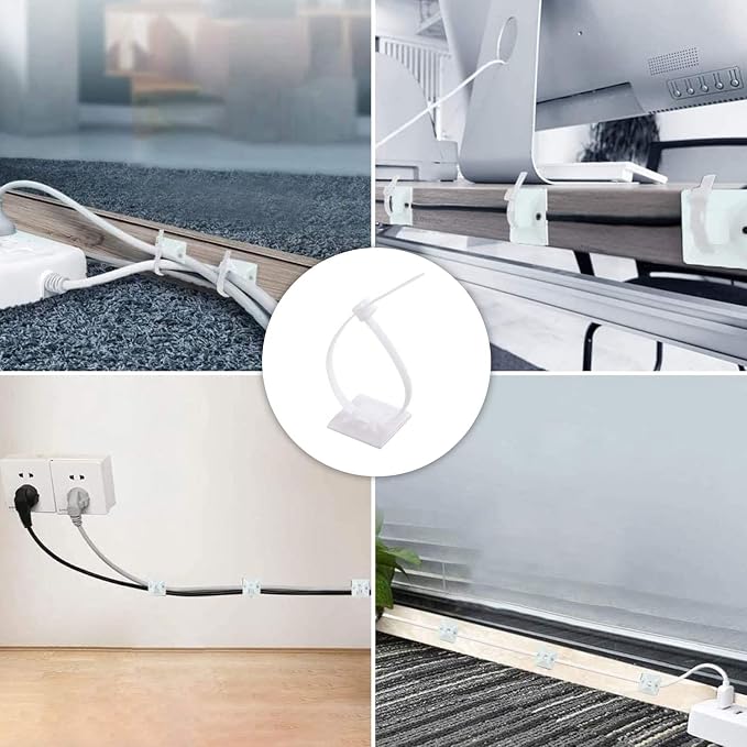 100 Set Cable Zip Tie Self Adhesive Mounts Kit with 6" Zip Ties, 3/4" Wire Holders Squares, Screws - Sticky Wire Fasteners Cable Clips Management Anchors Organizer - White
