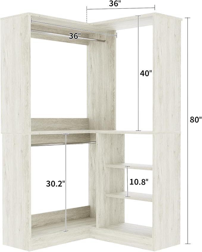 Unikito 36 Inch Corner Closet System, Large Freestanding Closet Organizer System with 2 Hanging Rods and Storage Shelves, Sturdy Walk in Tower, 36" W x 36" D x 80" H, White Oak
