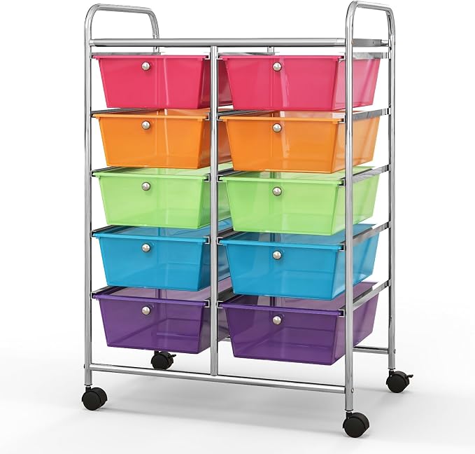 BECOMFORT 10-Drawer Rolling Cart with Drawers, Storage Cart on Wheels, Teacher Classroom Organizers with Metal Frame, Mobile Craft Cart, Trolley Utility Cart for School Office Play Room
