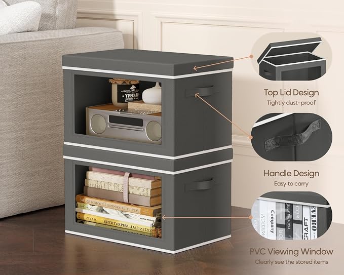Homsorout Collapsible Storage Bins with Lids - Stackable Storage Containers with Window, 6 Pack Fabric Cube Bins for Closet, Home & Office Organization Baskets, Dark Gray, 14.9" x 9.8" x 9.8"