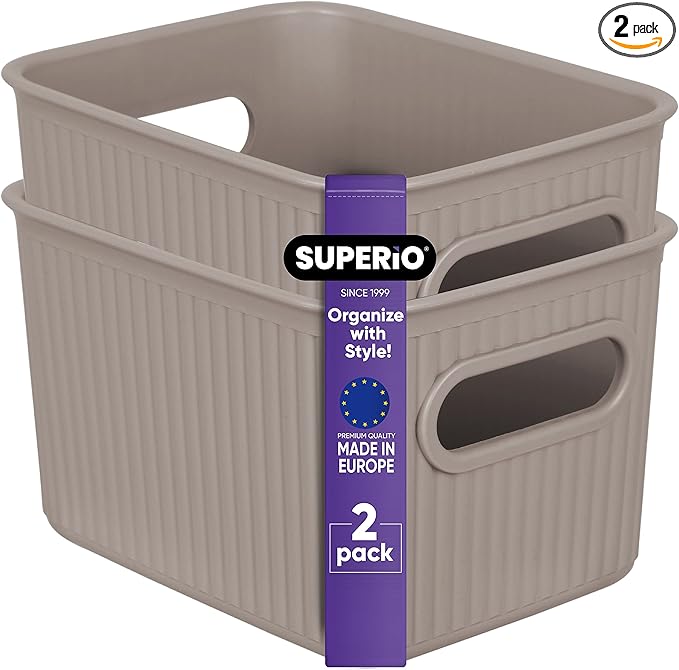 Superio Ribbed Collection - Decorative Plastic Basket Open Home Storage Bins Organizer, Small Taupe (2 Pack) Container Boxes for Organizing Closet Storage Bins for Shelves Drawer Shelf 1.5 Liter