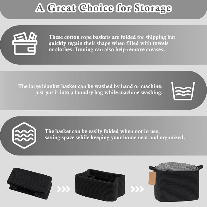 Goodpick Black Storage Basket for Shelves, Woven Baskets for Storage, Toy Baskets Storage Kids, Towel Basket with Handles for Living Room, Bathroom, 13 x 10 x 9 Inches