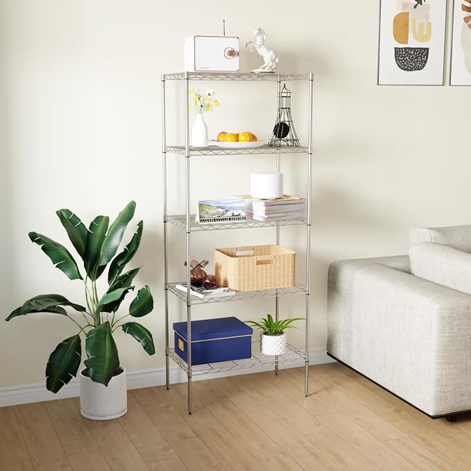 PayLessHere | 5-Tier Wire Shelf | 24"x14"x60" | Chrome | Adjustable Racks | Heavy-Duty Storage Shelves, Holds Upto 750 lbs | Rust-Resistant, No-Tool Assembly | for Home, Garage Shelving