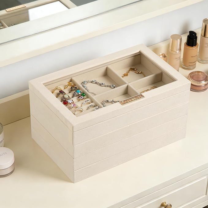 Frebeauty Stackable Jewelry Trays,Set of 4 Jewelry Organizer for Drawer | Glass Lid,Removable Dividers,Real Stackable Design,Velvet Material,Drawer Inserts,Jewelry Box for Earring Rings and Necklace