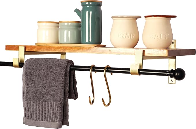 AddGrace Closet Rod Bracket Heavy Duty Shelf Brackets Gold 10 Inch 4 Pack | Fit for Closet Wardrobe Laundry Room and Kitchen, with Hook, Store Above and Hang Below, Supports 66 lbs, Easy to Install