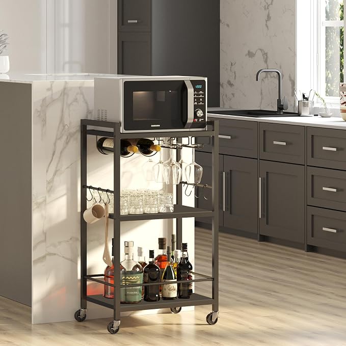 TUTOTAK Bar Cart with Wheels, Drink Cart with Wine Rack and Glass Holder | 3-Tier 17 Inch Wide Home Bar Serving Carts, Small Mobile Kitchen Shelf with 6 Hooks, Black BC01BK032