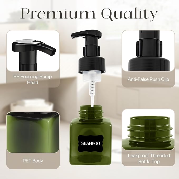 30 Pcs 8.5 oz Foaming Soap Dispenser Plastic Foaming Pump Bottle, Refillable Dispenser with Plastic Pump, Empty Hand Bottles for Liquid Soap, Shampoo, Bathroom,Hotel,Restaurant (30, Green)
