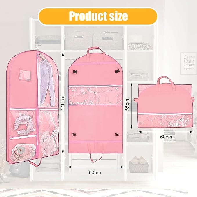 Clear Dance Costume Garment Bag for Dancers,40 inch Garment Bag for Dance Competitions with 5 Clear Zipper Pockets for Dance Costumes,Garment Bags for Hanging Clothes Travel Storage (Pink)