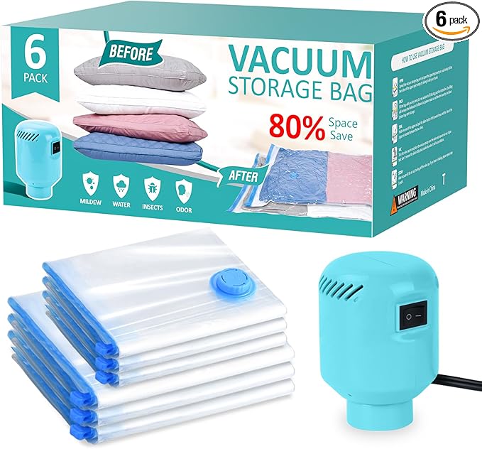 Vacuum Storage Bags with Electric Pump, Travel Vacuum Bags,Space Saver Vacuum Storage Bags，Vacuum Seal Bags for Clothes, Bedding,Blankets,Duvets, Pillows (6 Pack)