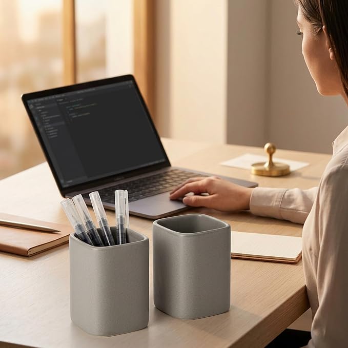 Ceramic Pen Holder Set of 2, Matte Square Pencil Cup for Desk, Heavyweight Stoneware Desk Organizer for Office Front Desk & Vanity, Modern Pen Cups Holder, Non-Slip Base - Matte gray