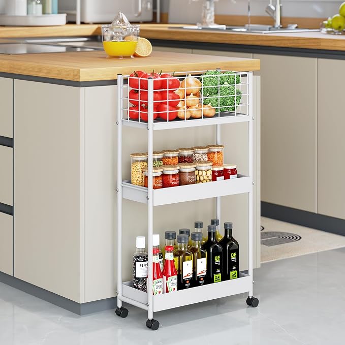 KINGRACK Slim Rolling Storage Cart 3 Tier - Heavy Duty Metal Utility Cart with Raised Edge & Wheels, Narrow Small Mobile Organizer Shelves for Bathroom, Kitchen, Laundry, Office, Living Room, White