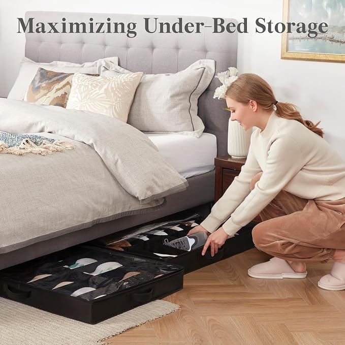 Lifewit Under Bed Shoe Storage Organizer Fits 12 Pairs, 2-Pack 3.9 Inches Tall Low Profile Fabric Shoes Container Box, Slim Shoe Organizer with Clear Cover and Handle, Black
