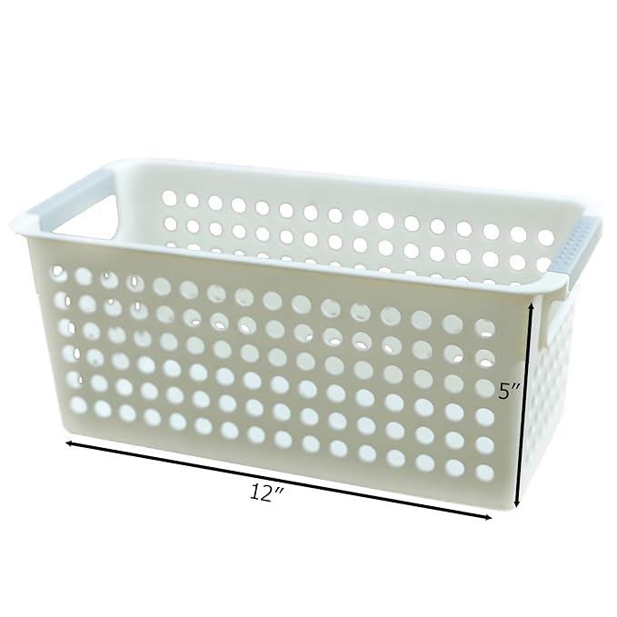 Basicwise Rectangular Plastic Storage Basket with Easy-Grip Handles Ventilated Organizer Bin for Bathroom Pantry Closet Laundry Kitchen Shelves Countertops and Home Organization Essentials, White