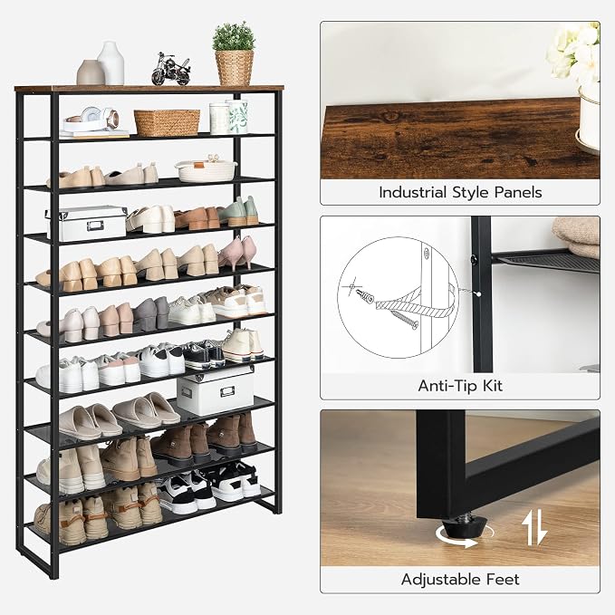 HOOBRO 10-Tier Shoe Rack for Entryway, 39.4" L Shoe Storage Organizer, Large Capacity Shoe Shelf for Closet, Front Door Entrance, Hallway, Holds 45-50 Pairs of Shoes, Rustic Brown BF171XJ01