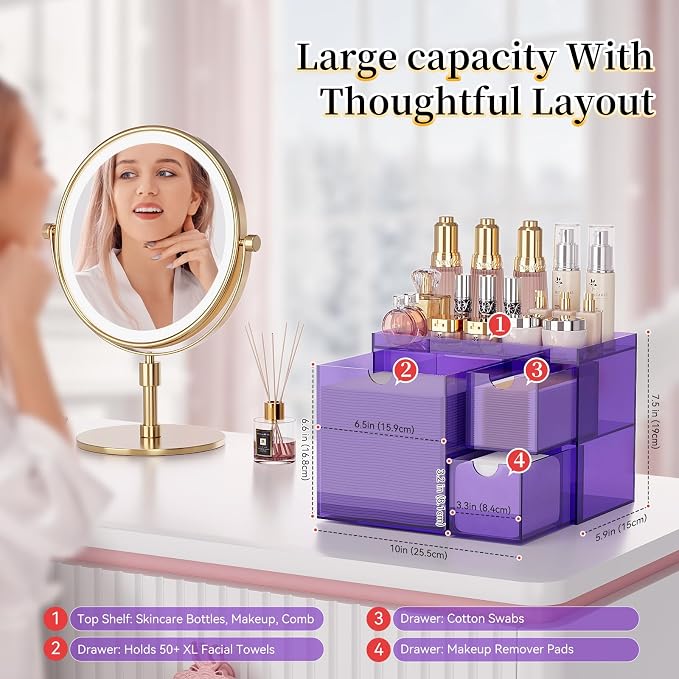 Youdepot Purple Acrylic Face Towel Holder with 3 Drawers | Disposable Face Towel Organizer for XL Facial Towels, Cotton Pads, Swabs, Skincare Tools, Bathroom Vanity Countertop