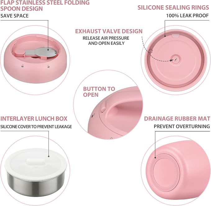 Thermo Food Jar for Hot Food Adults 32OZ Soup Thermo Lunch Containers Wide Mouth Vacuum Insulated Stainless Steel Leakproof Bento Box with Spoon (NEW-PINK)