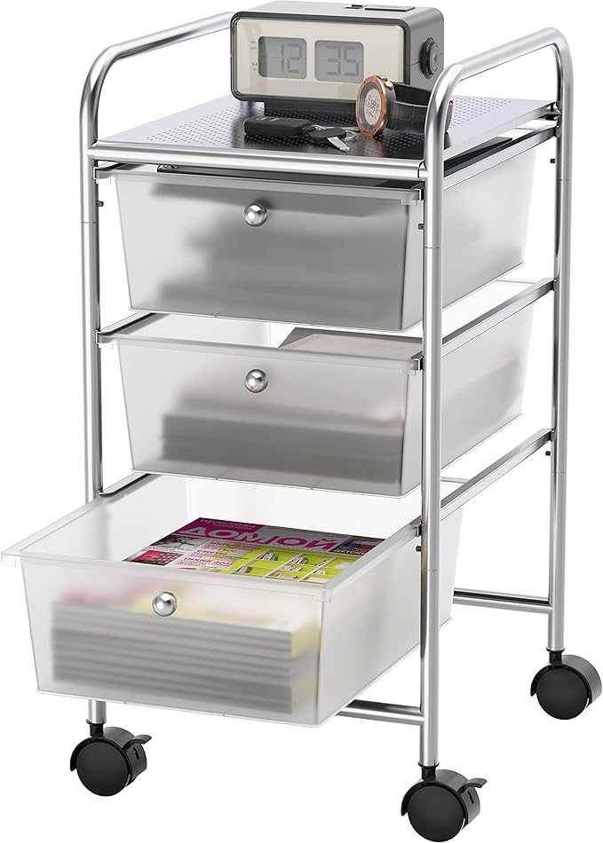 Simple Houseware 3 Drawers Rolling Utility Cart Art Craft Organizer, Chrome | 1-Column, 25.4" Height, Lockable Wheels, for School, Office, Art Craft, and Paper Storage