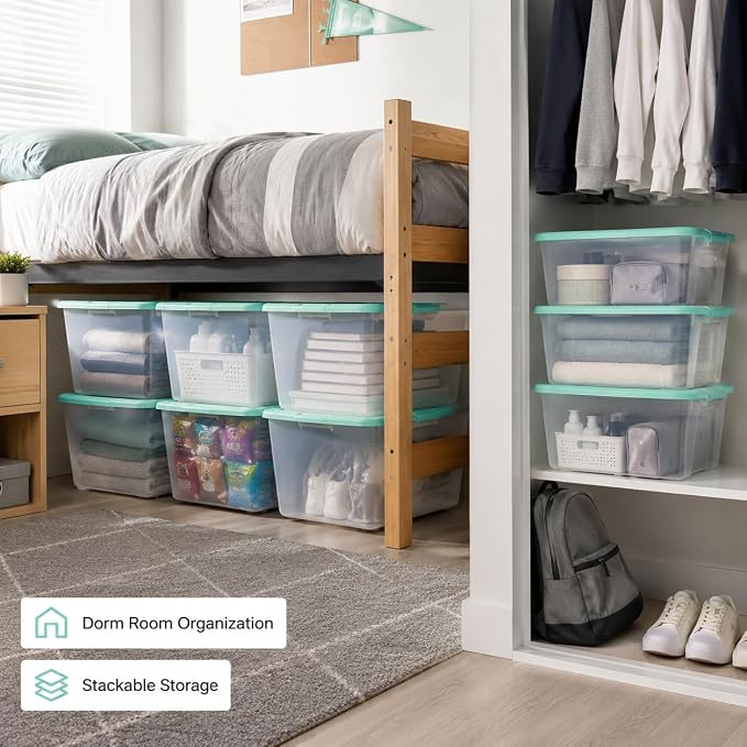 66 Quart Clear Plastic Storage Container with Latch Lid, Mint, 6 Pack | Clear Base & Lid, Secure Mint Latches, Recessed Stacking, 66Qt Capacity, BPA-Free Plastic