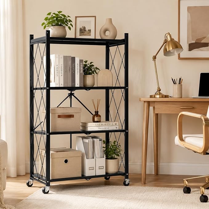 4 Tier Foldable Storage Shelves on Wheels, Heavy Duty Metal Shelving Unit, No Assembly Required for Kitchen, Garage, Pantry, Basement, Bookshelf, Black