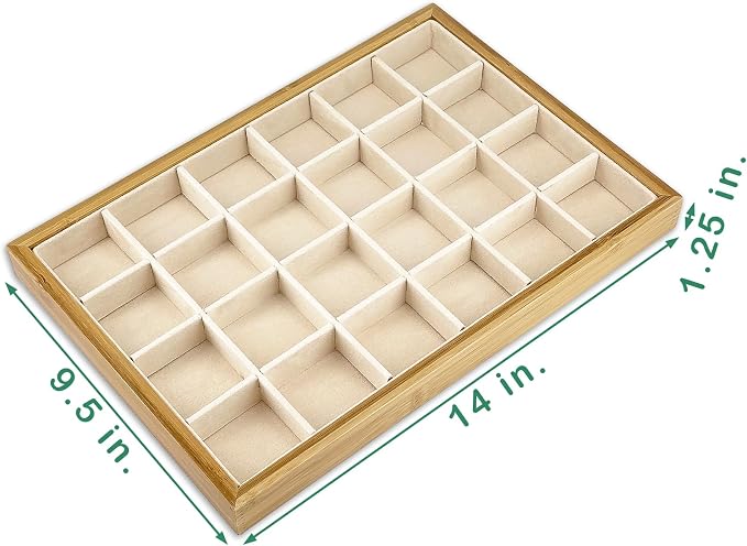 The Display Guys - Stackable Jewelry Tray and Organizer - for Drawers, Dressers, Store Display (24 Compartments, Bamboo Suede)