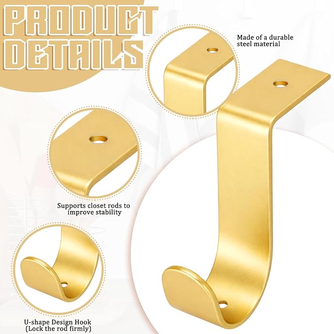 Hicarer 2 Pcs 1.38 Inch Closet Rod Brackets Heavy Duty Metal Wall Mount Rod Brackets with Screws Closet Pole Support for Living Room Bedroom Shelf Office(Gold)