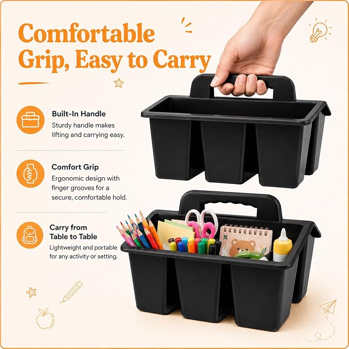 Classroom Caddy with Safe Handle, 6 Pack Plastic Organizer with 4 Compartments, Teacher & Kids Supply Caddy for Crayons, Markers, Desk, Cleaning & Bathroom Storage (Black)