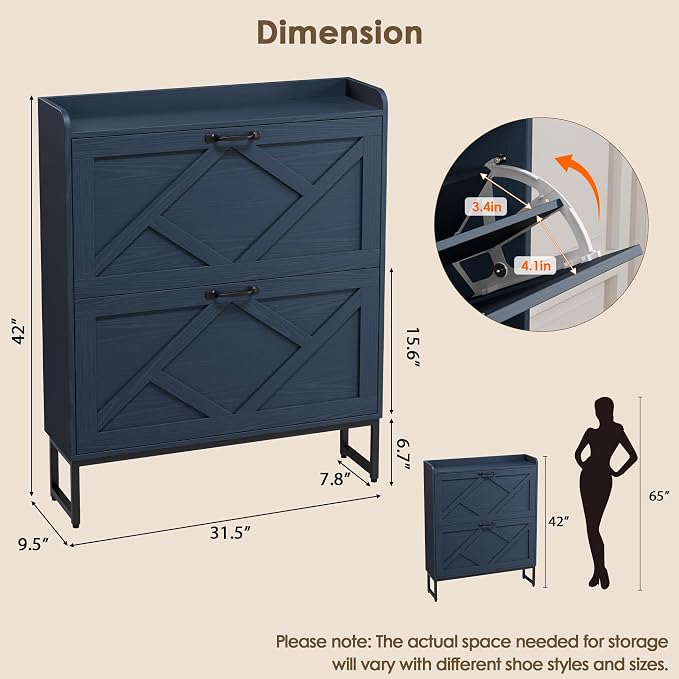 Nicetree Shoe Cabinet Storage for Entryway, Slim Shoe Storage Cabient with 2 Flip Drawers, Narrow Vertical Shoe Rack Cabinet with Metal Hooks, Small Space Solution for Hallway, Blue