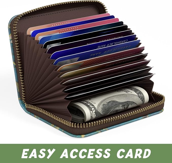 Aiawoxc Credit Card Holder, Small RFID Wallet Slim Leather Card Organizer Case with Zipper and Keychain, Almond Tree