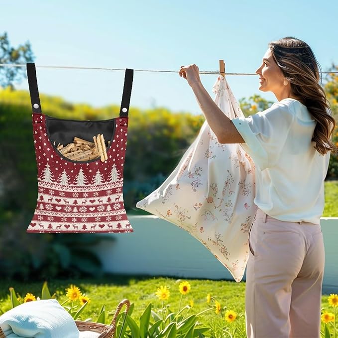 Red Fair Isle Reindeer Clothespin Bag Laundry Hanging Storage Organizer with Rope Clothespin Holder with an Extra Large Opening for Clothesline Outdoor Clothespins Storage with Hanger Hook