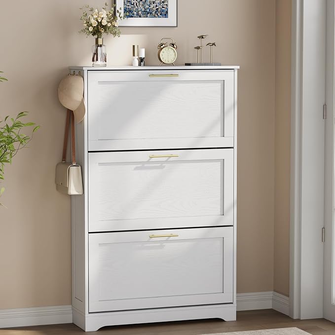 Shoe Cabinet Organizer with 3 Flip Drawers, Modern Narrow Shoe Cabinet with Metal Handles, Freestanding entryway Organizer with 2 Adjustable Shelves & 2 Hooks, for Foyer, Hallway, White
