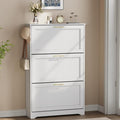 Shoe Cabinet Organizer with 3 Flip Drawers, Modern Narrow Shoe Cabinet with Metal Handles, Freestanding entryway Organizer with 2 Adjustable Shelves & 2 Hooks, for Foyer, Hallway, White