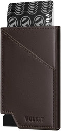 VULKIT Pop up Card Wallet RFID Blocking Slim Aluminum Metal Bank Card Holder Case with Business Money Pocket for Credit Cards Notes and Coins Dark Brown